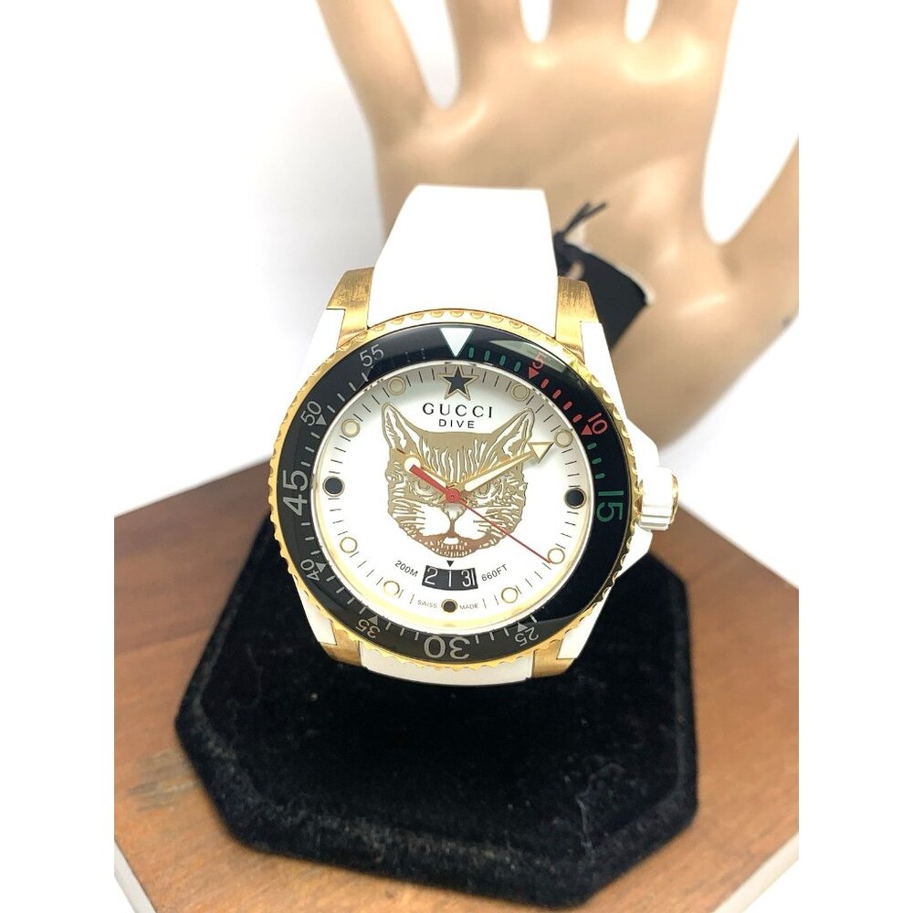 GUCCI Men's Watch YA136322 Dive Cat Swiss Quartz Gold White Rubber Strap 40mm